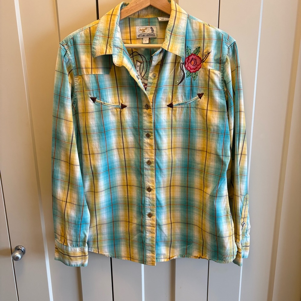🤠🌹Panhandle Slim Turquoise Yellow Plaid Button-Down Shirt with Rose Embroidery-
